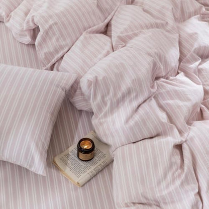 FOSSA Striped Duvet Cover Set 100% Washed Cotton Linen Feel Queen