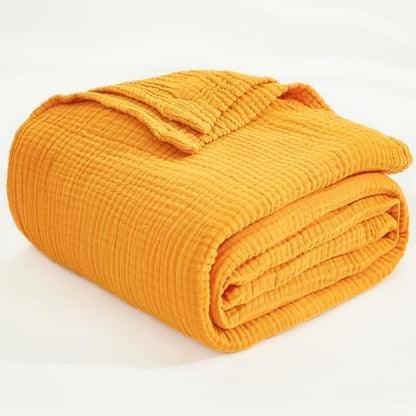 EMME Muslin Blankets for Adults Throw Blanket for Couch Breathable Gauze Soft Lightweight Airy Mustard Yellow Throw 50" x 60"