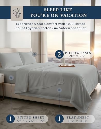 LANE LINEN Full Size Mattress Sheets 100% Egyptian Cotton Sateen - Silver