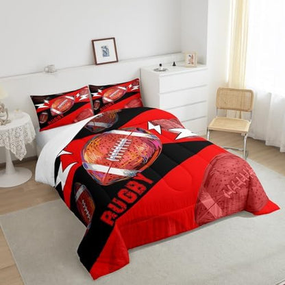 Erosebridal Football King Size Comforter Set for Boys Kids Girls Football Bedding Set for Boys Room Decor,Rugby Sports Bedding Sets for Boys Teen Ball Games Bed Quilt Set 3Pcs,Red Black