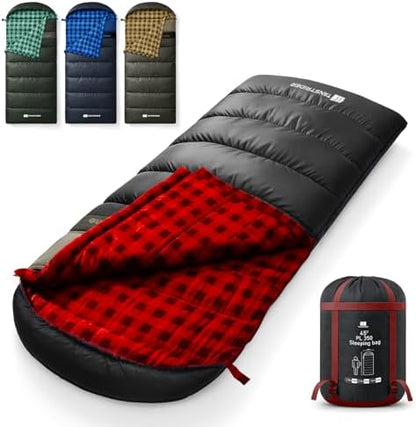 Cotton Flannel XXL Winter Sleeping Bags for Adults Big and Tall,Cold Weather 90x39 Inch Camping Sleep Bag,Waterproof Machine Washable 4 Season Outdoor Camping Gear,2-Way Zipper