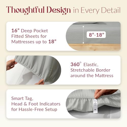Mayfair Linen Egyptian Cotton Sheets King Size - Luxury 800 Series High Thread Count King Sheets (4 PC, Silver - Stripe) Soft Cooling 16" Deep Pocket Hotel Quality Bed Sheet Set - Tranquil Collection