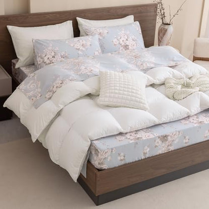 QSH Floral King Size Sheet Sets - 100% Egyptian Cotton Floral Bedding Sheets Blue Vintage Paisley Flower Pattern Printed Bedding King Size Bed Sheets 17.5" Extra Deep Pocket 4pcs