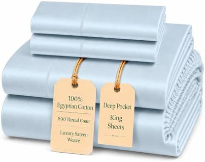 Egyptian Cotton Sheets King Size, Sateen Weave Bed Sheet Set - Light Blue