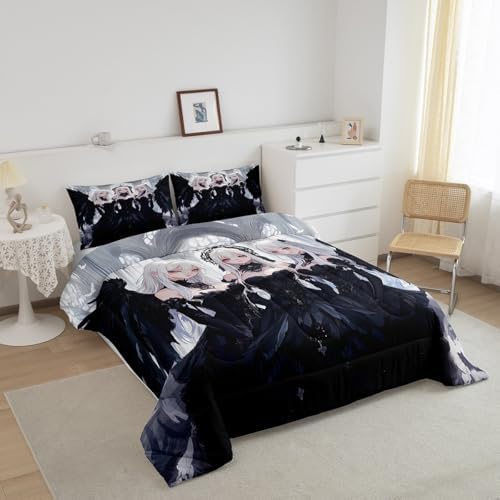 Erosebridal Japanese Anime King Size Comforter Set, Anime Girl Bedding Set Kawaii Japanese Style Quilt Cartoon Japan Animation Duvet Insert for Boys Teens Adult Women Bedroom Decor, Black