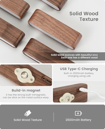 Wood Wall Sconce, Rechargeable Magnetic Wall Lamp, Dimmable