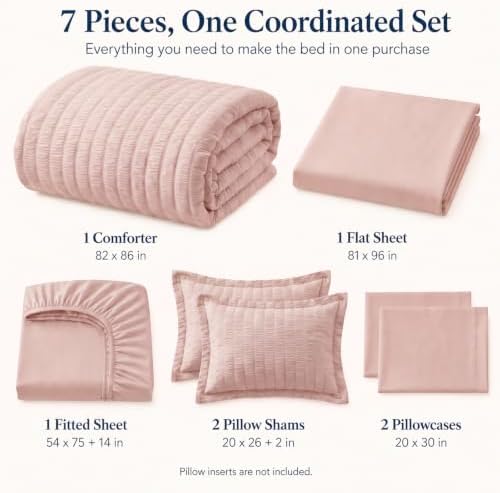 CozyLux Full Size Comforter Sets 7 Pieces Rose Gold Seersucker Bed in a Bag