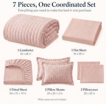 CozyLux Full Size Comforter Sets 7 Pieces Rose Gold Seersucker Bed in a Bag