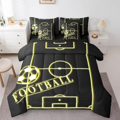 Sport Bed in a Bag 7Pcs for Toddler Kids Soccer Bedding Set for Boys Girls, Black Yellow King Size Comforter Set Gold Gradient Neon Bedding Comforter Sets, Sports Themed Bed Set (Black Reversible)