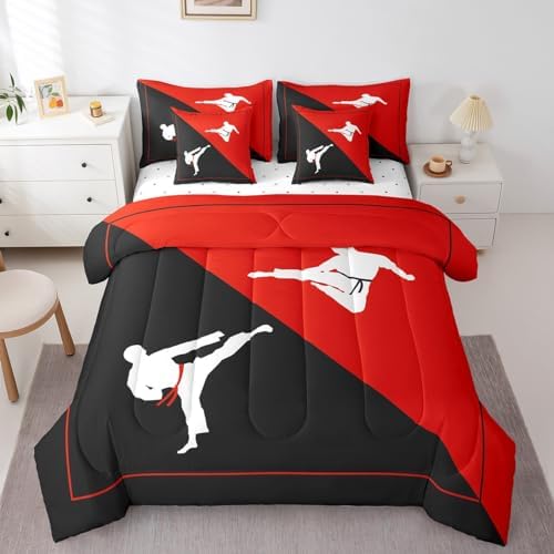Castle Fairy Taekwondo 7 Pieces Bedding Set Black Red Comforter Set for Boys Girls Japanese Style Bed Set Room Decor Twin Size Kungfu Soft Warm Microfiber Bedding