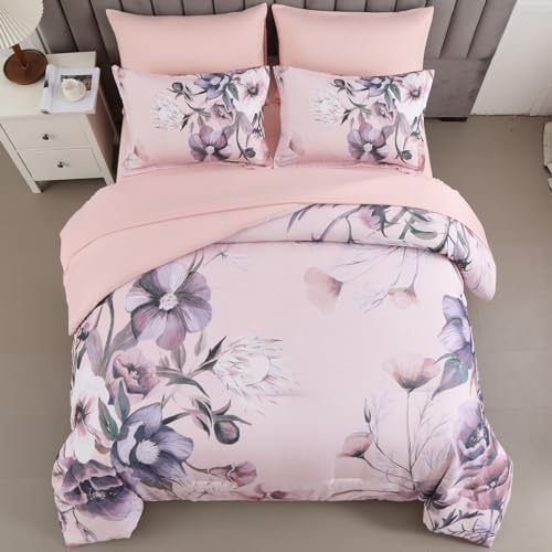 Luxudecor Floral Comforter Set Queen Size 7 Piece, Blush Pink Flower Bed in a Bag, Elegant Comforter Bedding Set for All Season (Blush Pink, 90"x90")