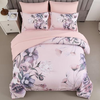 Luxudecor Floral Comforter Set Queen Size 7 Piece, Blush Pink Flower Bed in a Bag, Elegant Comforter Bedding Set for All Season (Blush Pink, 90"x90")
