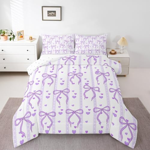 Castle Fairy Purple Bowknot Comforter Set Twin Size,Dreamy Princess Style Breathable Bedding Set,Kids Girl Room Decor,Sweet Heart Print Purple Ribbon Microfiber Duvet Insert,1 Pillowcase