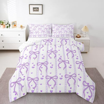 Castle Fairy Purple Bowknot Comforter Set Twin Size,Dreamy Princess Style Breathable Bedding Set,Kids Girl Room Decor,Sweet Heart Print Purple Ribbon Microfiber Duvet Insert,1 Pillowcase