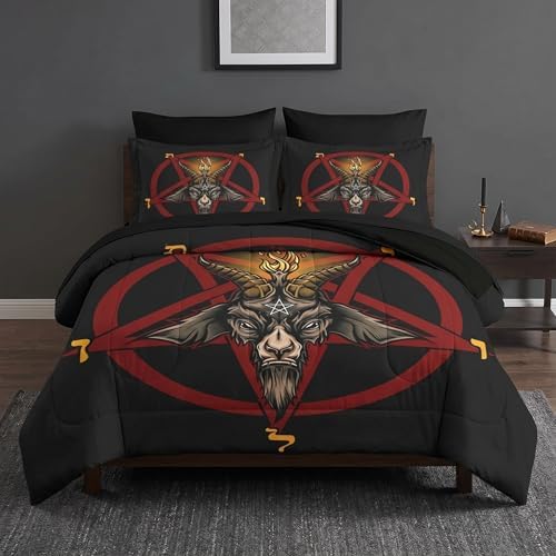 Pamnest King Comforter Set with Sheets, 7 Pieces Baphomet Red Bedding