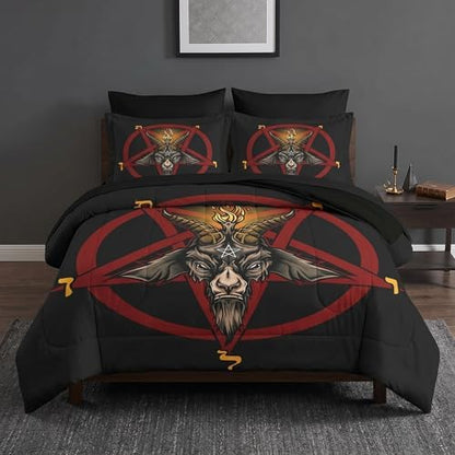 Pamnest King Comforter Set with Sheets, 7 Pieces Baphomet Red Bedding
