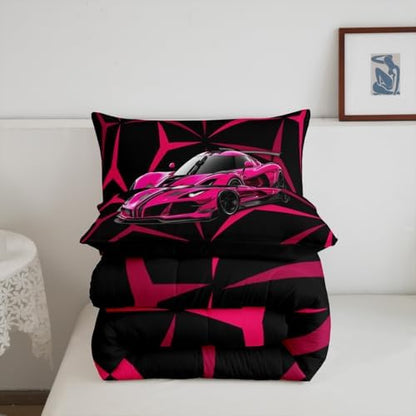 Castle Fairy Modern Race Cars Comforter Set Toddler Size 2 Pcs,Pink Racing Car Bedding Set,Extreme Sport Abstract Geometric Lines Quilt Set for Child Bedroom,Duvet Insert,1 Pillowcase