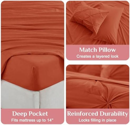 JOLLYVOGUE Full Size Comforter Sets 7 Pieces - Bed in a Bag Full for All Season, Pintuck Bedding Comforter Sets with Comforter, Flat Sheet, Fitted Sheet and Pillowcases & Shams, Burnt Orange