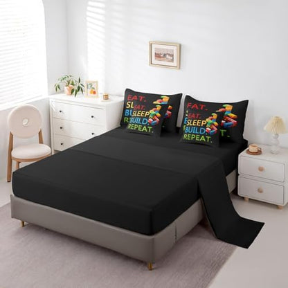 Feelyou Colorful Toy 7 Piece Bedding Set Teen Women Men Funny Building Blocks Decoration Comforter Set with Sheets King Size Kids Boys Cute Games Bed in a Bag Colorful Geometric Brick Room Decor