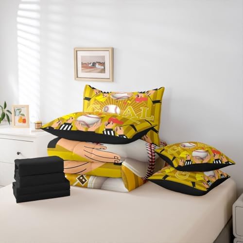 Erosebridal Boys Kids Ball Games Boys Baseball Yellow 7 Piece Bedding Set Twin | Playground Comforter Set with Sheets Stripes Geometric Bed in A Bag Sports Theme Gaming Pattern Bed Sets