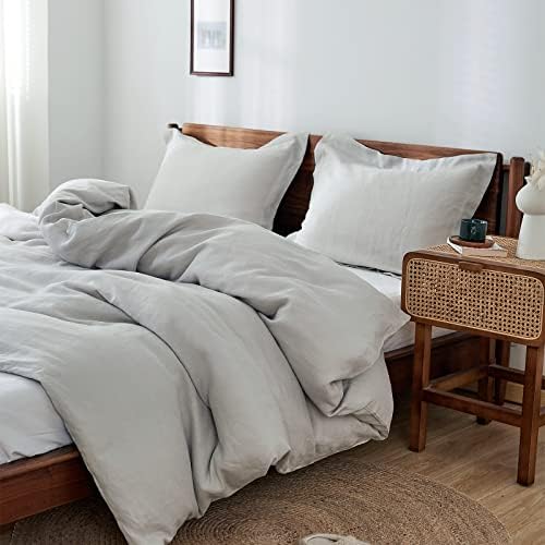 Simple&Opulence 100% Linen Duvet Cover Set 3pcs Basic Style Natural French Washed Flax Solid Color Soft Breathable Farmhouse Bedding with Button Closure - Light Grey, Queen
