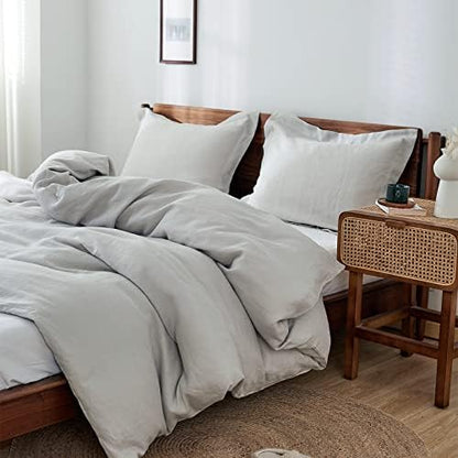 Simple&Opulence 100% Linen Duvet Cover Set 3pcs Basic Style Natural French Washed Flax Solid Color Soft Breathable Farmhouse Bedding with Button Closure - Light Grey, Queen