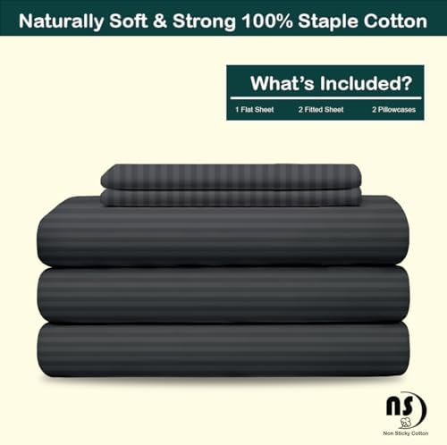 NON Sticky cotton Adjustable Split Queen Sheet Set for Sleep Number Beds, Premium 100% Long Staple Cotton Bedding, Two 30" X 80" Fitted Sheets Fits Up to 18" Deep Mattress, Dark Grey Stripe