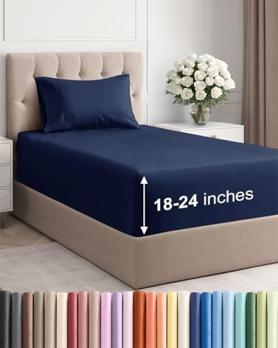 Extra Deep Twin Sheet Set - 3 Piece Breathable & Cooling Sheets - Navy Blue