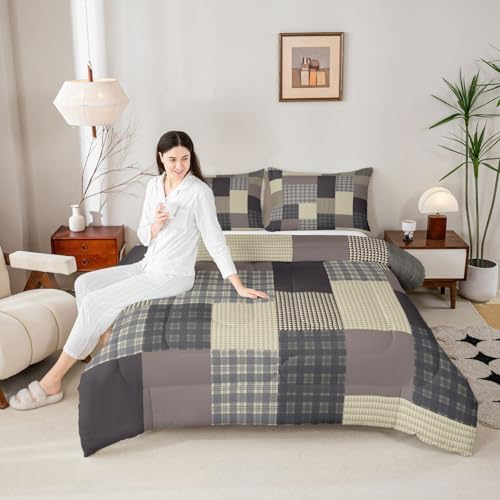 jejeloiu Plaid Comforter Set Toddler Size Farmhouse Patchwork Bedding Set for Kids Boys Girls Rustic Lodge Cabin Duvet Quilt Check Checkered Bedroom Decor Microfiber 2 Pcs with 1 Pillow Cases
