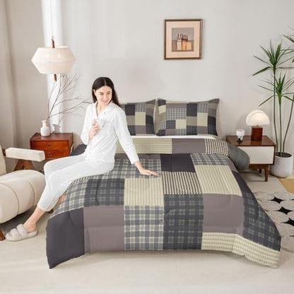 jejeloiu Plaid Comforter Set Farmhouse Bedding Set King Size 3 Pcs