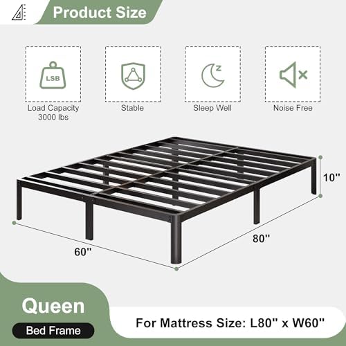 Lutown-Teen 10 Inch Queen Bed Frame with Rounded Corner Legs, 2000 LBS Heavy Duty Metal Queen Platform Bed Frame with Steel Slats Support, No Box Spring Needed, Noise Free, Easy Assembly