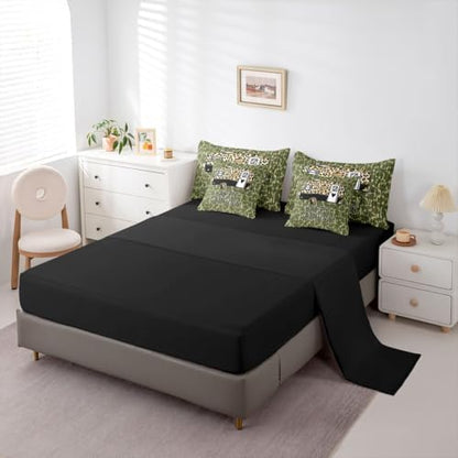 Erosebridal Happy Camping 7 Piece Bedding Set Green Camouflage King Comforter Set for Boys Girls Leopard Print Camper Car Bed in A Bag with Flat and Fitted Sheet Camo Cheetah Pattern Wild Bed Set
