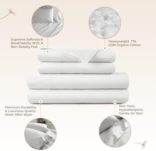 100% Organic Flannel Sheets King Size - GOTS Certified 100% Cotton Flannel Sheets Set with Comfortable Soft Brushed Finish & Deep Pocket - 1 Flat 1 Fitted & 2 Pillowcases (White, King)