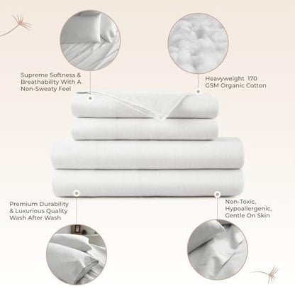 100% Organic Flannel Sheets King Size - GOTS Certified 100% Cotton Flannel Sheets Set with Comfortable Soft Brushed Finish & Deep Pocket - 1 Flat 1 Fitted & 2 Pillowcases (White, King)