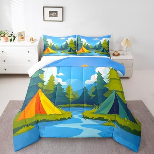 Happy Camping Comforter Set King Size,Camper Adventure Theme Bedding Set for Kids Teens Adults Room Decor,Nature Scenery Quilt Set 3Pcs,Tents River Tree Blue Sky Cloud Duvet Insert,2 Pillowcases