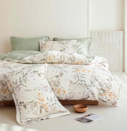 King Comforter Set 3 Pieces, 100% Cotton Sage Green Botanical Floral Bedding Set for All‑Season, Soft Hypoallergenic Reversible Comforter with 2 Pillow Shams