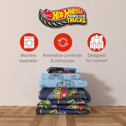 Monster Trucks x Hot Wheels Bedding Set, Full Size 7 Piece Set Kids Super Soft Cozy Reversible Comforter and Sheet Set with Sham, (100% Officially Licensed Product) by Franco