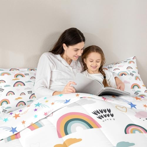 Erosebridal Rainbow Bedding Set for Kids Girls, Pink Love Heart Comforter Set Full Size Cartoon Cloud Geometric Stripes Bedding Comforter for Boys Children Women Watercolor Art Girly Duvet Sets