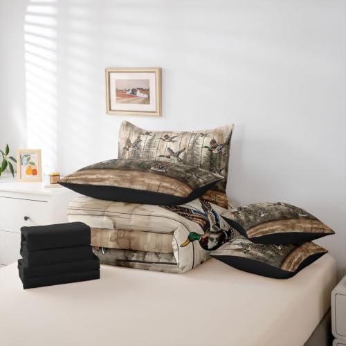 Erosebridal Mallard Duck Bed in A Bag 7 Pcs Rustic Farmhouse Cabin Comforter Set for Kids Boys Girls Woodland Hunting Duck Bedding Sets Full Vintage Natural Forest Sheet Set with Comforter
