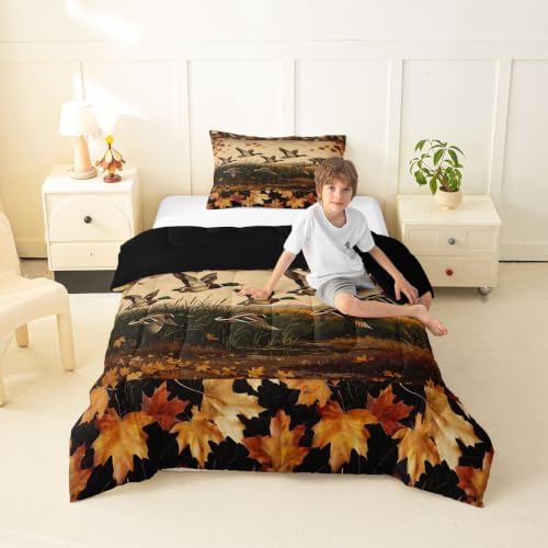 Feelyou Mallard Duck Bedding Set Soft for Boys Girls, Wild Duck Hunting Comforter Set Twin Size Cabin Farmhouse Duvet Quilt Microfiber Maple Leaf Bedroom Decor 2 Pcs with 1 Pillow Cases