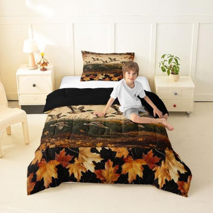 Feelyou Mallard Duck Bedding Set Soft for Boys Girls, Wild Duck Hunting Comforter Set Twin Size Cabin Farmhouse Duvet Quilt Microfiber Maple Leaf Bedroom Decor 2 Pcs with 1 Pillow Cases