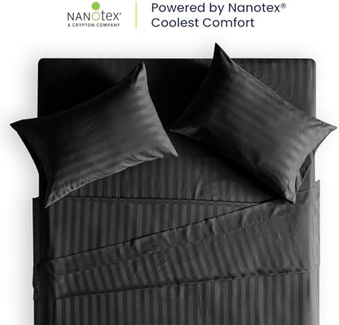 SLEEP ZONE Striped Cooling Twin Sheets Set for Kids - Fitted Flat Sheet & Pillowcase Sets 3 Piece - Super Soft Stripe Bed Sheet, Easy Care, Deep Pocket (Black, Twin)