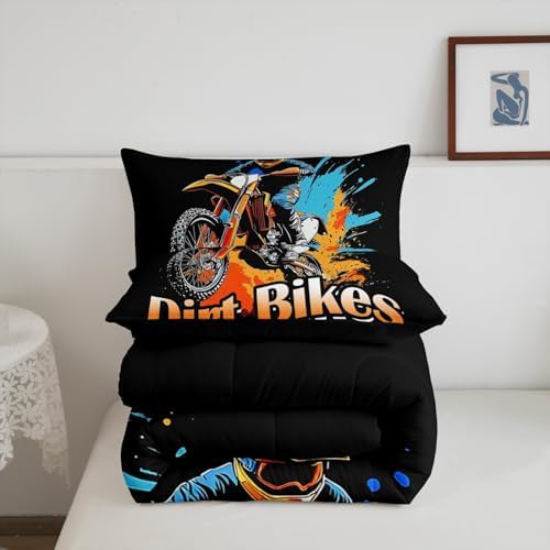 Feelyou Dirt Bike Bedding Set Kids Boys Girls King Size Racing Motocross Rider Comforter Set Teen Adult Ultra Soft Extreme Sports Comforter Motorcycle Racer Duvet Quilt Bedroom Decor Motorbike Quilt