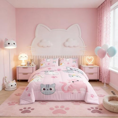 Erosebridal Kids Cat Comforter Set Queen Size Cute Colorful Cats Bedding Set for Girls Kawaii Room Decor,Pink Pet Animal Paw Down Comforter Grey Orange Cat Bed Set Soft Quilt Duvet Set 2 Pillow Cases