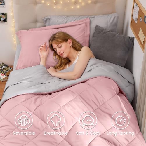 MUXHOMO 5 Pieces Twin XL Comforter Set, Reversible Bed in a Bag Twin XL Size, All Season Bedding Set with Comforter, Flat Sheet, Fitted Sheet, Pillowcases & Shams, Pink & Light Grey