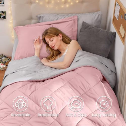 MUXHOMO 5 Pieces Twin XL Comforter Set, Reversible Bed in a Bag Twin XL Size, All Season Bedding Set with Comforter, Flat Sheet, Fitted Sheet, Pillowcases & Shams, Pink & Light Grey