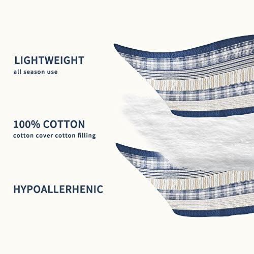 Homzard Queen Comforter Set - Blue White Tan Striped Queen Size Comforter Set,100% Cotton Plaid Quilts Queen Size Bedding Set, Farmhouse Bedspread Lightweight Bedding 3 Pieces All Season