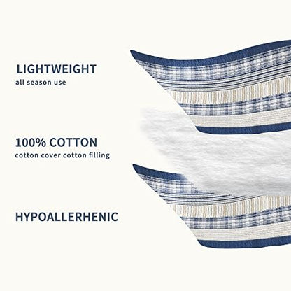 Homzard Queen Comforter Set - Blue White Tan Striped Queen Size Comforter Set,100% Cotton Plaid Quilts Queen Size Bedding Set, Farmhouse Bedspread Lightweight Bedding 3 Pieces All Season