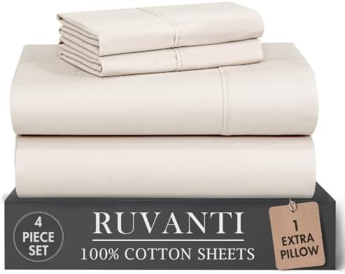RUVANTI 100% Cotton Twin Sheets, Percale Weave Twin Sheet Set, Soft Ivory