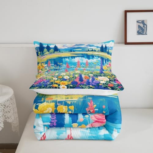 Spring Garden Comforter Set Twin Size,Blossom Flower Lake Mountain Bedding Set for Kids Girls Women Room Decor,Nature Scenery Quilt Set 2Pcs,Floral Botanical Microfiber Duvet Insert,1 Pillowcase